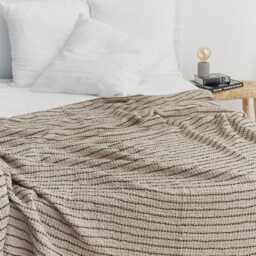Linen Cotton Beige Striped Blanket - Midweight Waffle Weave Throw Soft Stonewashed Bed Oeko-Tex Certified Cozy Bedding - thumbnail 3
