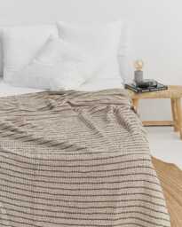 Linen Cotton Beige Striped Blanket - Midweight Waffle Weave Throw Soft Stonewashed Bed Oeko-Tex Certified Cozy Bedding - thumbnail 1