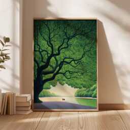 Giant Green Tree Poster, Peaceful Nature Wall Art Print, Serene Landscape Illustration, Calming Scene Decor For Bedroom Or Living Room - thumbnail 2