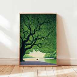 Giant Green Tree Poster, Peaceful Nature Wall Art Print, Serene Landscape Illustration, Calming Scene Decor For Bedroom Or Living Room - thumbnail 1