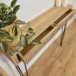 Handmade Solid Oak Console Table Grooved Front, Hairpin Legs - thumbnail 3