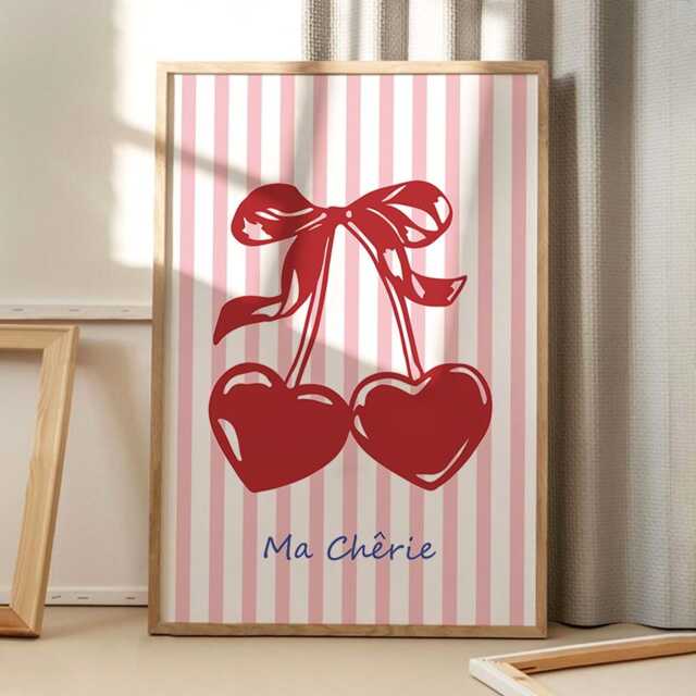 Ma Cherie Cherry Bow Art Canvas Poster, Trendy Wall Art, Aesthetic Decor, Retro Home Printed Gift - image 1