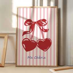 Ma Cherie Cherry Bow Art Canvas Poster, Trendy Wall Art, Aesthetic Decor, Retro Home Printed Gift - thumbnail 1
