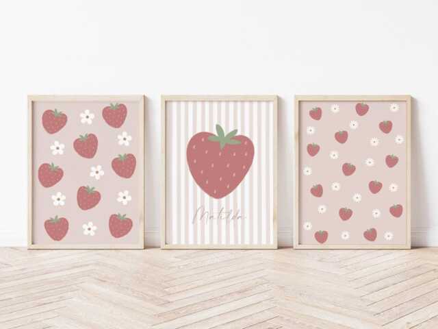Girls Room Strawberry Prints - Set Of 3, Pink Nursery Print, Baby Daisy Wall Art, Bedroom Prints, Decor, Custom Name - image 1