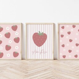 Girls Room Strawberry Prints - Set Of 3, Pink Nursery Print, Baby Daisy Wall Art, Bedroom Prints, Decor, Custom Name - thumbnail 3