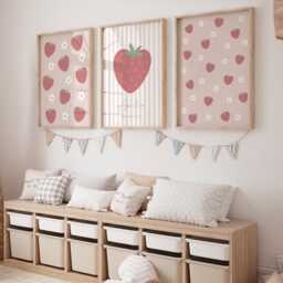 Girls Room Strawberry Prints - Set Of 3, Pink Nursery Print, Baby Daisy Wall Art, Bedroom Prints, Decor, Custom Name - thumbnail 2