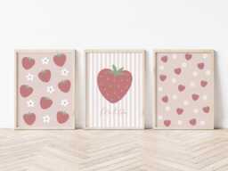 Girls Room Strawberry Prints - Set Of 3, Pink Nursery Print, Baby Daisy Wall Art, Bedroom Prints, Decor, Custom Name - thumbnail 1