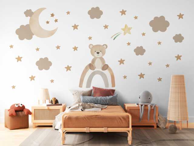 Teddy Bear Wall Decals Neutral Nursery Decor Stickers Beige Art Moon Stars Baby Boy Room - image 1