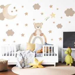 Teddy Bear Wall Decals Neutral Nursery Decor Stickers Beige Art Moon Stars Baby Boy Room - thumbnail 3