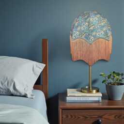William Morris Teal Peacock & Dragon Curtains Fabric Dome Lampshade Slate Blue Braid, Antique Gold Fringe, Bespoke British Handmade - thumbnail 3