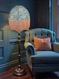 Handcrafted William Morris Peacock Dragon Fabric Dome Lampshade Slate Blue Braid, Gold Fringe, Handmade UK