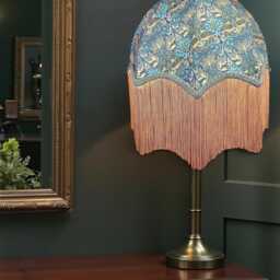 William Morris Teal Peacock & Dragon Curtains Fabric Dome Lampshade Slate Blue Braid, Antique Gold Fringe, Bespoke British Handmade - thumbnail 2