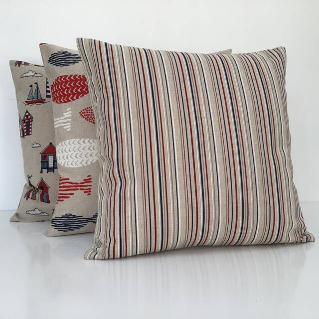 Handmade Nautical Stripe Cushion Cover Red, White & Blue Linen Look - 16 - image 1