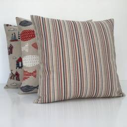 Handmade Nautical Stripe Cushion Cover Red, White & Blue Linen Look - 16 - thumbnail 1