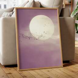 Soft Purple Moon With Birds Wall Art Minimalist Scandi Abstract Painting Large Room Decor Framed Calming Poster Print - thumbnail 1
