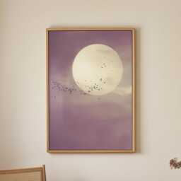 Soft Purple Moon With Birds Wall Art Minimalist Scandi Abstract Painting Large Room Decor Framed Calming Poster Print - thumbnail 3