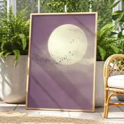 Soft Purple Moon With Birds Wall Art Minimalist Scandi Abstract Painting Large Room Decor Framed Calming Poster Print - thumbnail 2