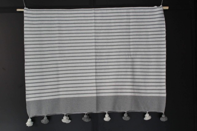 Moroccan Tassel Throw Blanket With Pom Pom, Gray White Stripes - Hand Woven Cotton Duvet Cover Sofa Bed End - image 1