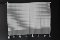 Moroccan Tassel Throw Blanket With Pom Pom, Gray White Stripes - Hand Woven Cotton Duvet Cover Sofa Bed End - thumbnail 1