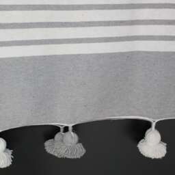 Moroccan Tassel Throw Blanket With Pom Pom, Gray White Stripes - Hand Woven Cotton Duvet Cover Sofa Bed End - thumbnail 3