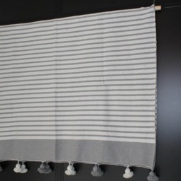 Moroccan Tassel Throw Blanket With Pom Pom, Gray White Stripes - Hand Woven Cotton Duvet Cover Sofa Bed End - thumbnail 2