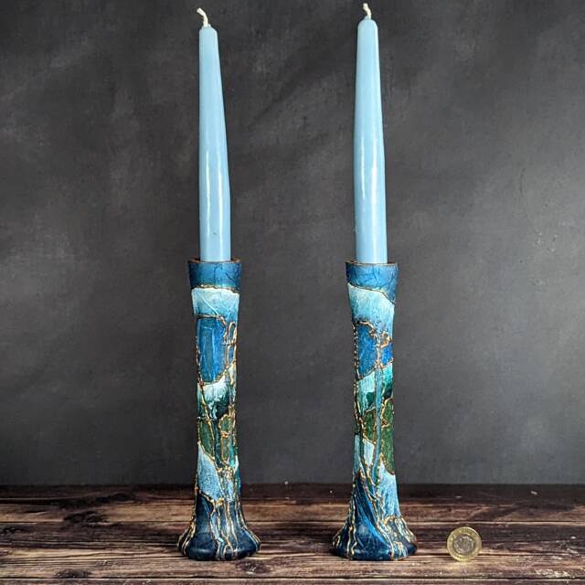 Hand-Painted Glass Candlestick Tapered Candles Holders - Zen Collection Green Blue Teal With Bronze Dual Use Vase Or Candle Holder 20cm - image 1