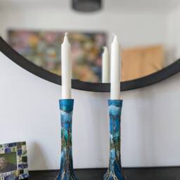 Hand-Painted Glass Candlestick Tapered Candles Holders - Zen Collection Green Blue Teal With Bronze Dual Use Vase Or Candle Holder 20cm - thumbnail 3