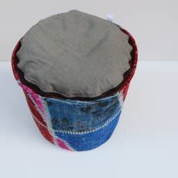 Handmade Patchwork Wool Pouf Cover, Bohemian Ottoman, 16x16 Inches - thumbnail 4