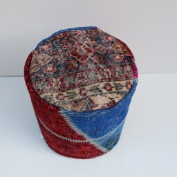 Handmade Patchwork Wool Pouf Cover, Bohemian Ottoman, 16x16 Inches - thumbnail 3