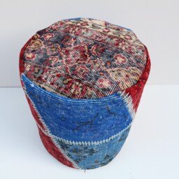Handmade Patchwork Wool Pouf Cover, Bohemian Ottoman, 16x16 Inches - thumbnail 2