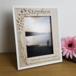 Wedding Memorial Photo Frame, Personalised With Any Text, Feather & Wing Design For Lost Loved Ones On Breakfast Remberance Table - thumbnail 2