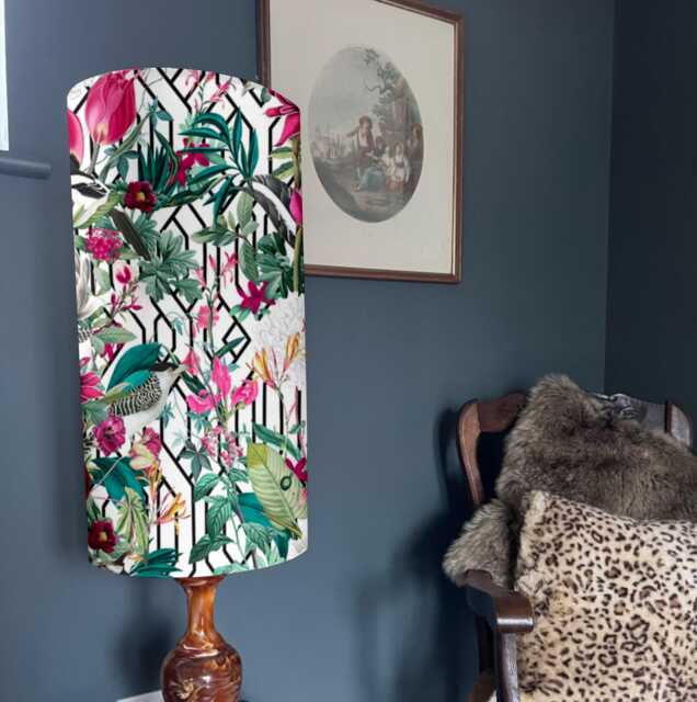 Botanical Geometric Velvet Cylinder Lampshade, in White, Extra Tall Lampshade Birds Velvet - image 1