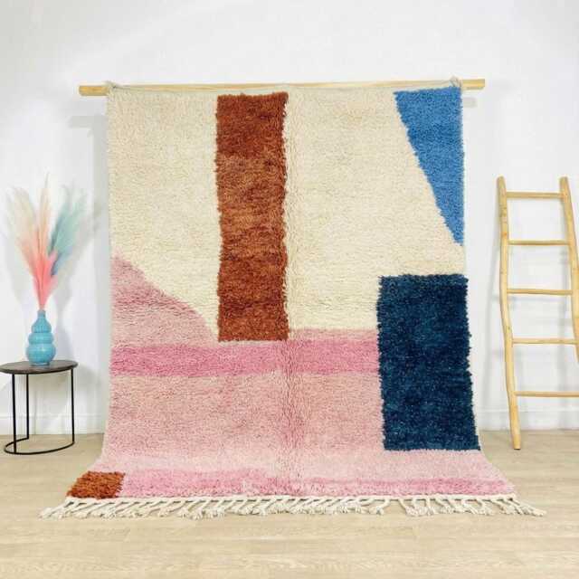 Moroccan Pink & White Berber Rug, Handwoven Wool Shag Rug With Abstract , Authentic Beni Ourain Carpet, Large 9x12 Area - image 1