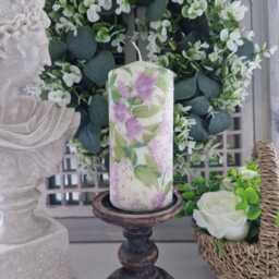 Beautiful Vintage Purple & Lilac Floral Wax Or Flameless Pillar Candles - thumbnail 1