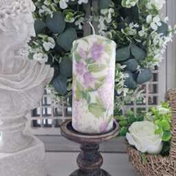 Beautiful Vintage Purple & Lilac Floral Wax Or Flameless Pillar Candles - thumbnail 3