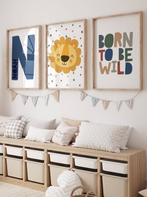Set Of 3 Boys Nursery Prints, Lion Print, Personalised, Wall Art, Bedroom Decor, Art - image 1