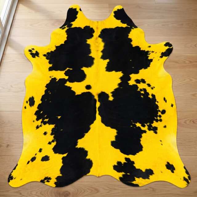 Yellow Black Cowhide Rug - Genuine Dyed Leather Area Rug, Western Decor - image 1