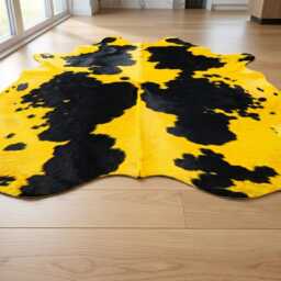 Yellow Black Cowhide Rug - Genuine Dyed Leather Area Rug, Western Decor - thumbnail 4