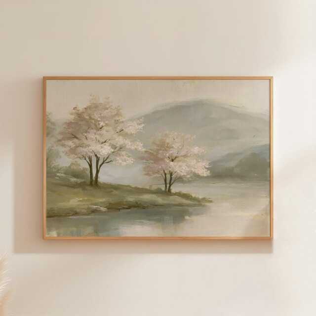 Pink Blossom Poster, River Landscape Print, Nature Wall Art, Paper - image 1