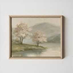 Pink Blossom Poster, River Landscape Print, Nature Wall Art, Paper - thumbnail 3