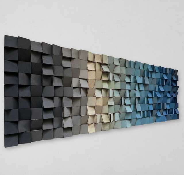 Handmade Wood Wall Art - Blue Grey Decor Ombre Sound Diffuser - image 1