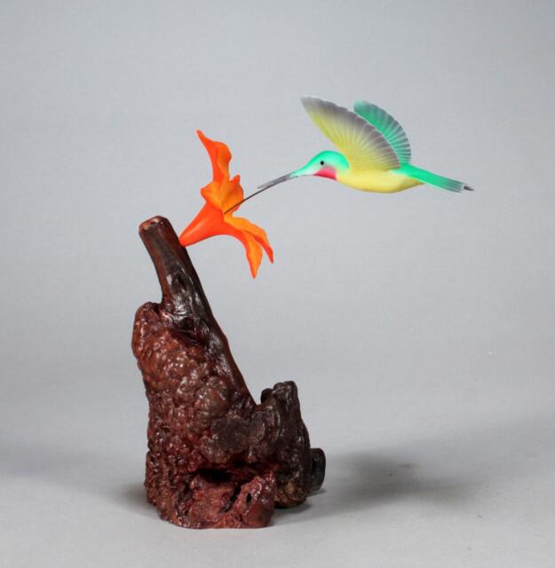Hummingbird Sculpture By John Perry 7In Tall Orange Flower On Burlwood - image 1