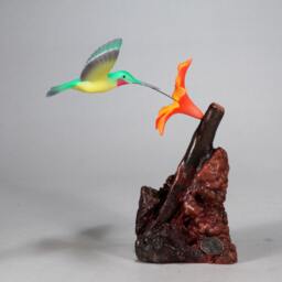 Hummingbird Sculpture By John Perry 7In Tall Orange Flower On Burlwood - thumbnail 2