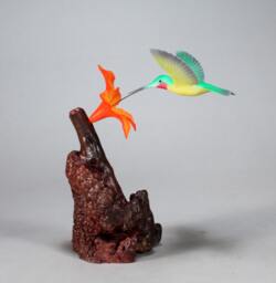 Hummingbird Sculpture By John Perry 7In Tall Orange Flower On Burlwood - thumbnail 1