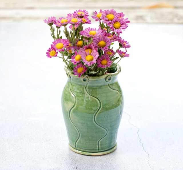 Handmade Wheelthrown Pottery Vase Green Stoneware Ceramic Vase, Mommy Vase, Small Flower Vase Handmade, Hand Painted - image 1