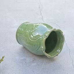 Handmade Wheelthrown Pottery Vase Green Stoneware Ceramic Vase, Mommy Vase, Small Flower Vase Handmade, Hand Painted - thumbnail 2