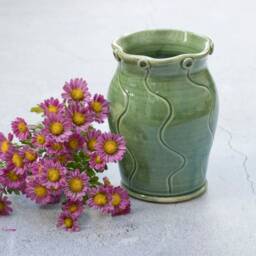 Handmade Wheelthrown Pottery Vase Green Stoneware Ceramic Vase, Mommy Vase, Small Flower Vase Handmade, Hand Painted - thumbnail 3