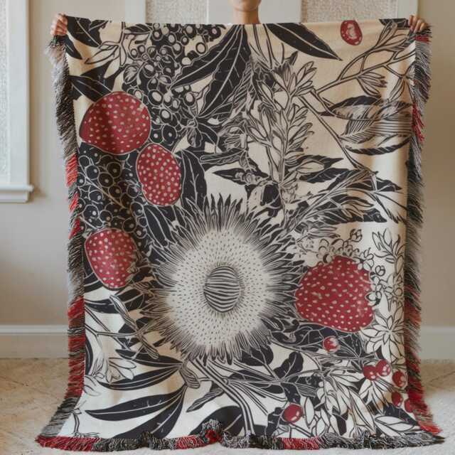 Floral Woven Blanket, Black White Red Etching Botanical Cotton Couch Throw, Tapestry, Housewarming Gift, Cozy Wall Decor #166W - image 1