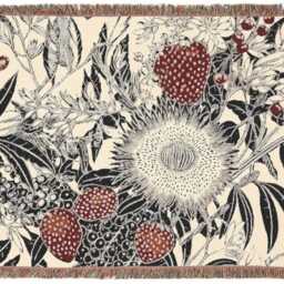 Floral Woven Blanket, Black White Red Etching Botanical Cotton Couch Throw, Tapestry, Housewarming Gift, Cozy Wall Decor #166W - thumbnail 2