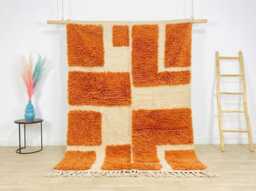 Orange White Checkered Moroccan Rug, Shag Berber Carpet, Boho Area Hand Tufted Wool, Custom Size